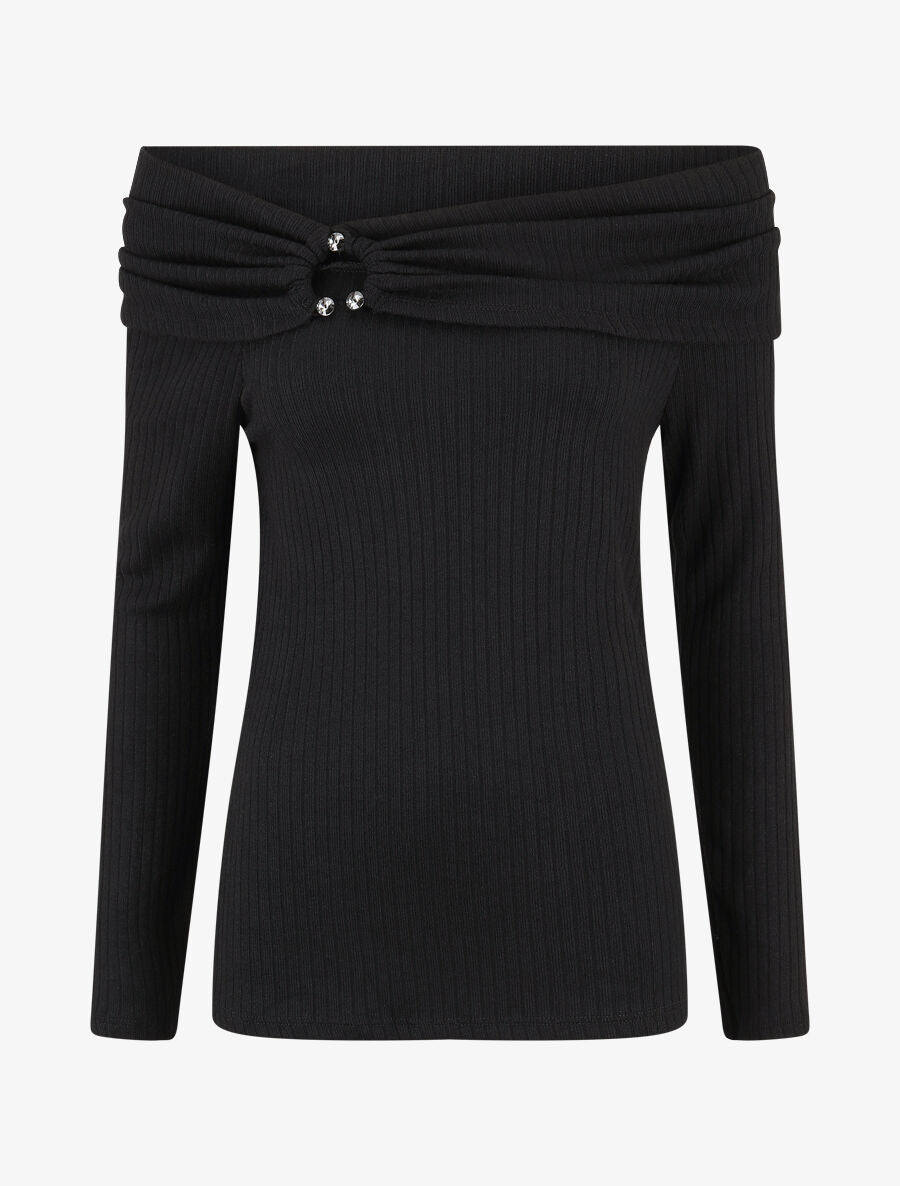 Pull fin côtelé à col bardot - Noir - 5