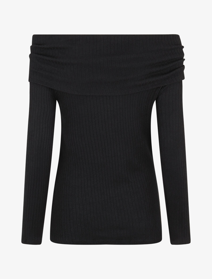Pull fin côtelé à col bardot - Noir - 2
