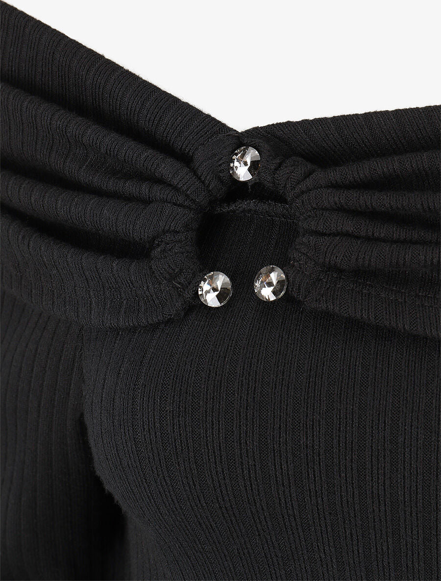 Pull fin côtelé à col bardot - Noir - 3