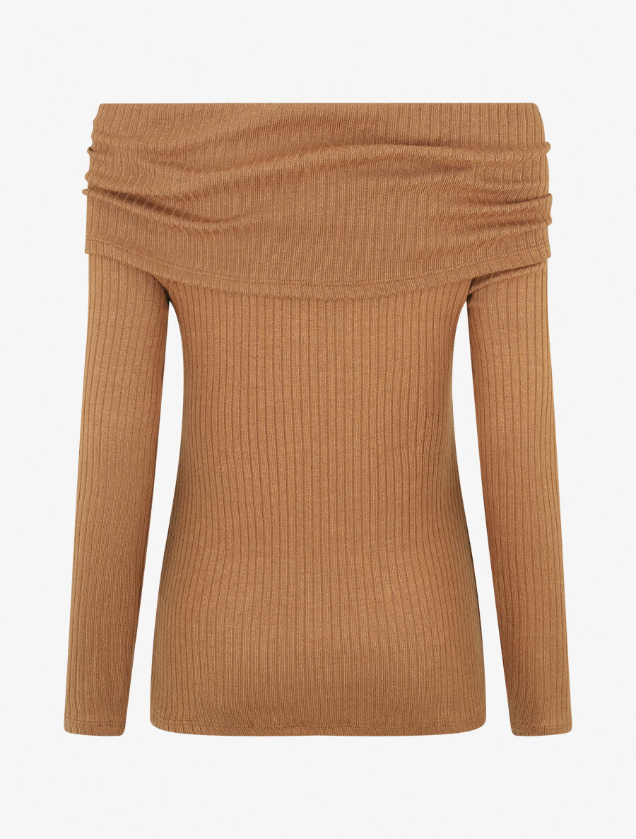 Pull fin côtelé à col bardot - Camel - 2