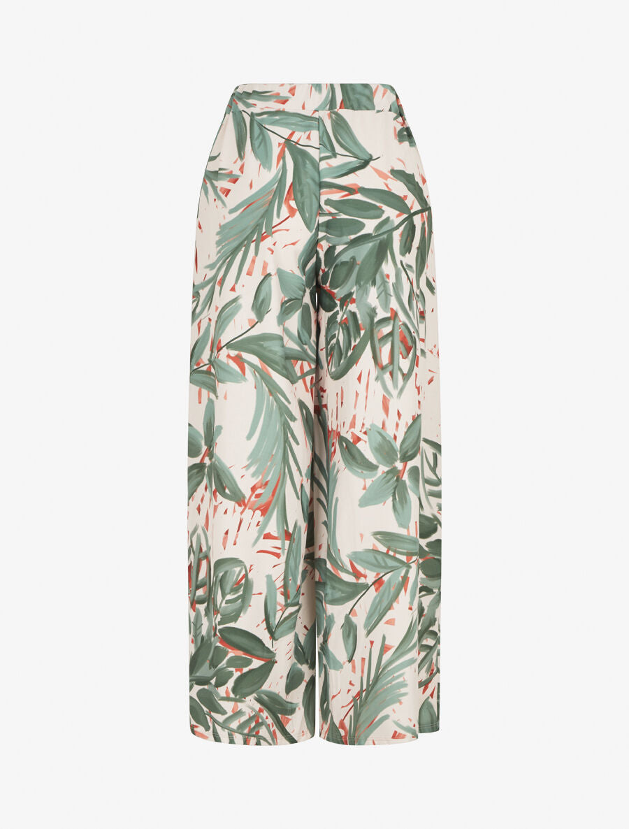 Pantalon ample taille haute imprimé feuilles - Vert olive - 2