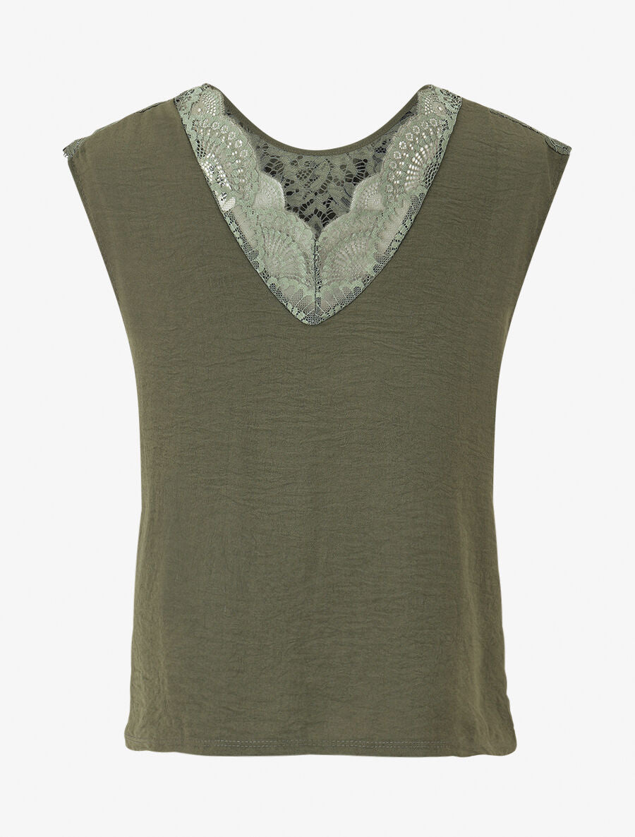 Top droit sans manches col en dentelle - Kaki - 2