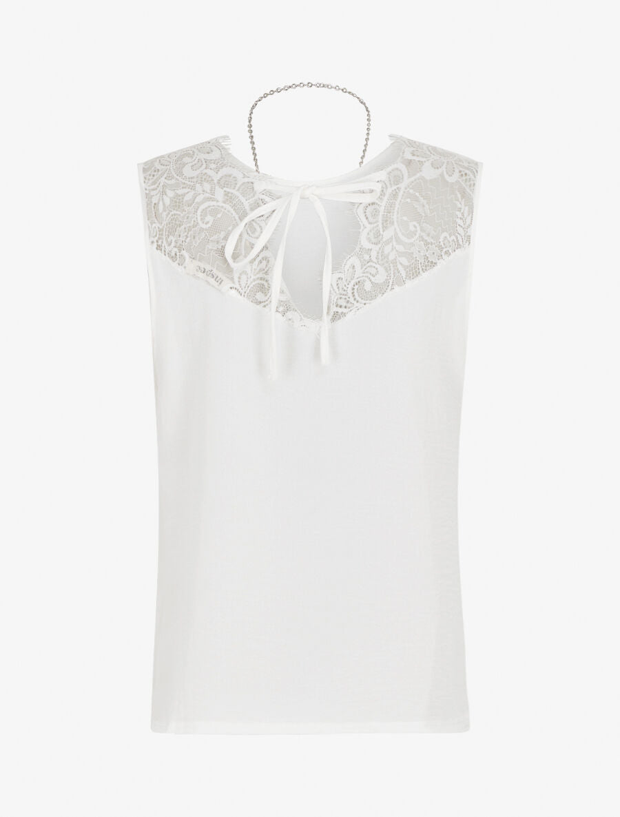 Top sans manches droit col dentelle - Blanc - 2