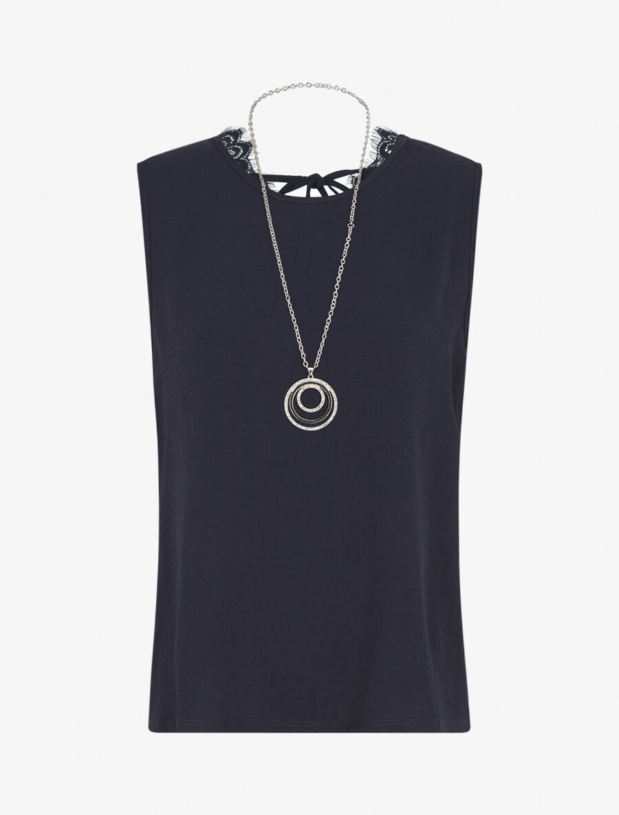 Top sans manches droit col dentelle - Marine - 1