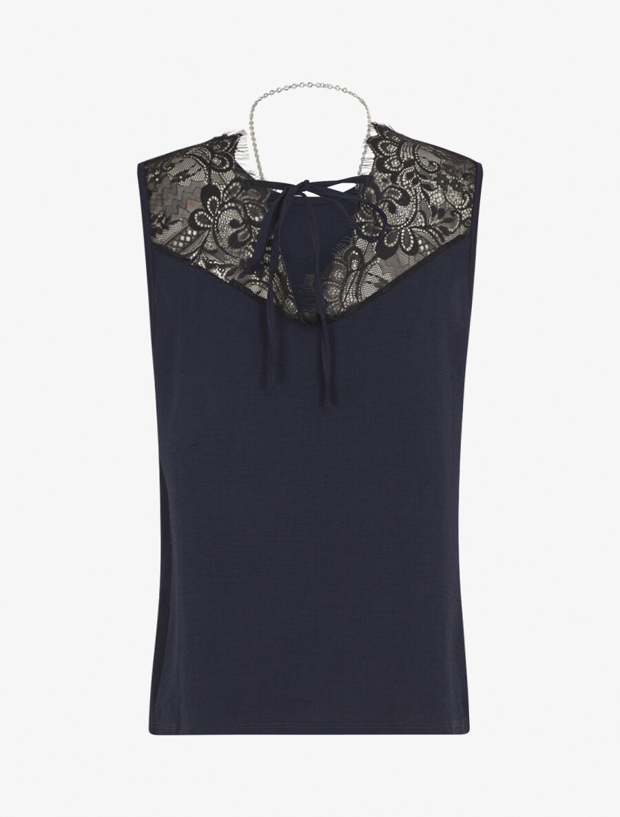 Top sans manches droit col dentelle - Marine - 2