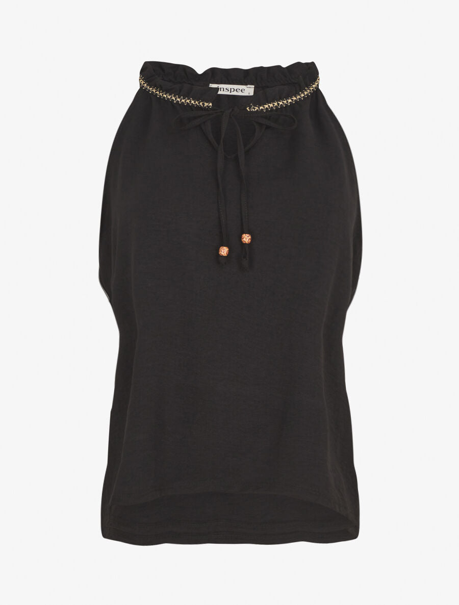 Top uni à col V et détail brodé - Noir - 1