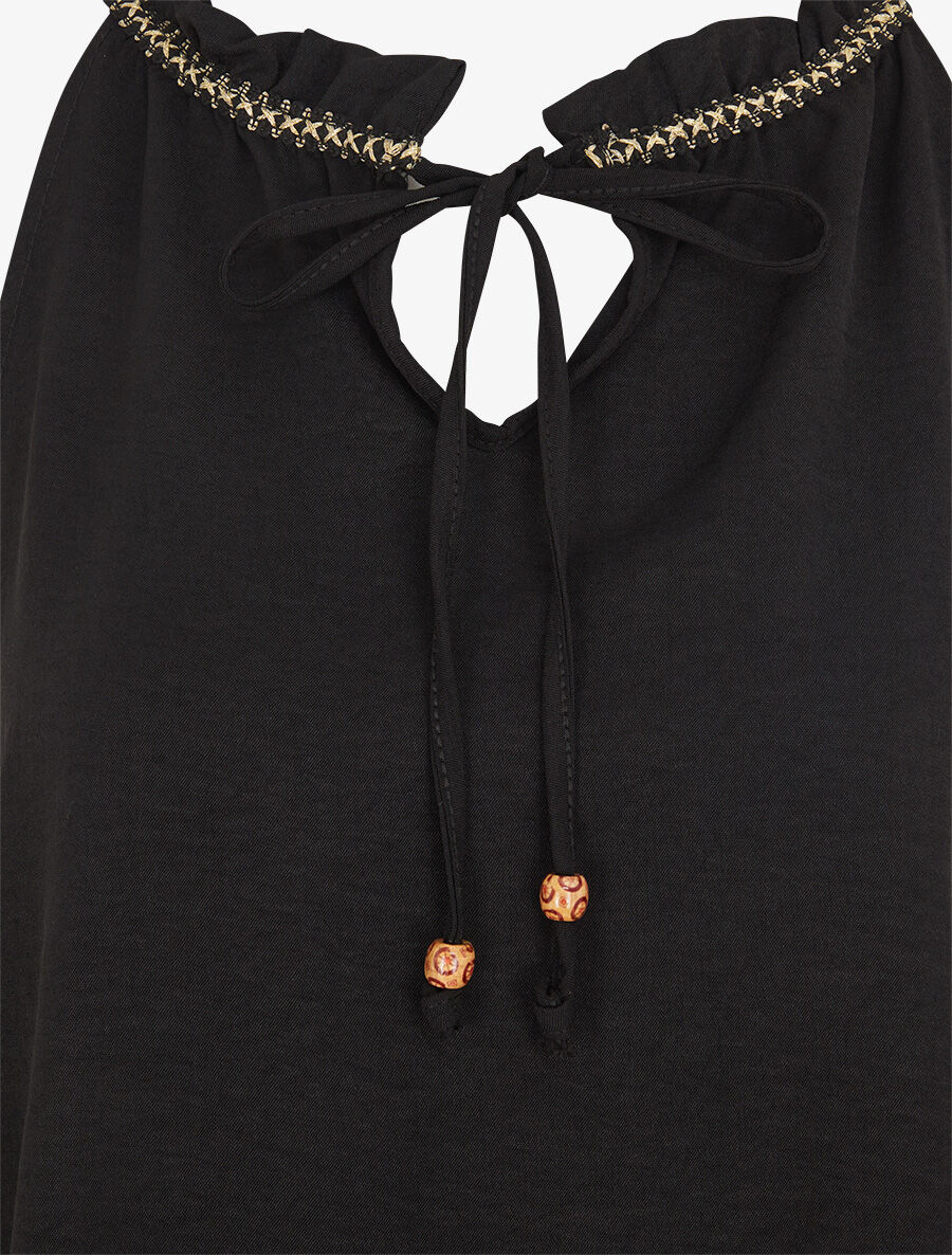 Top uni à col V et détail brodé - Noir - 3