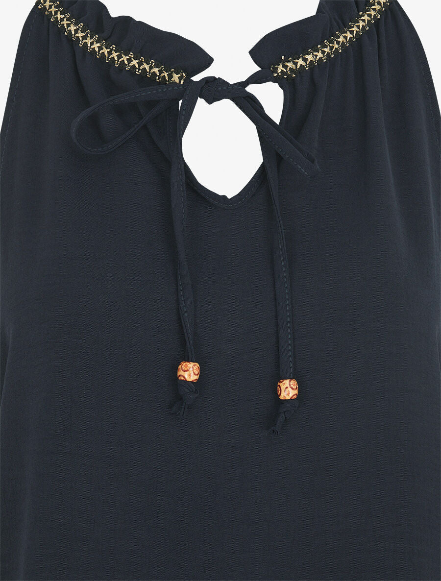 Top uni à col V et détail brodé - Marine - 3