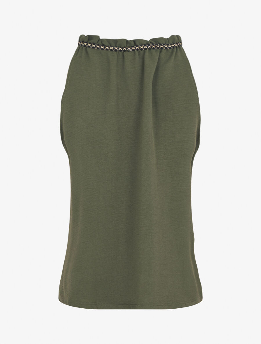 Top uni à col V et détail brodé - Kaki - 2