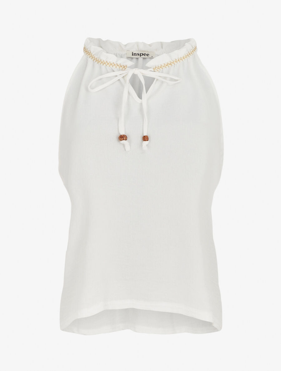 Top uni à col V et détail brodé - Blanc - 1