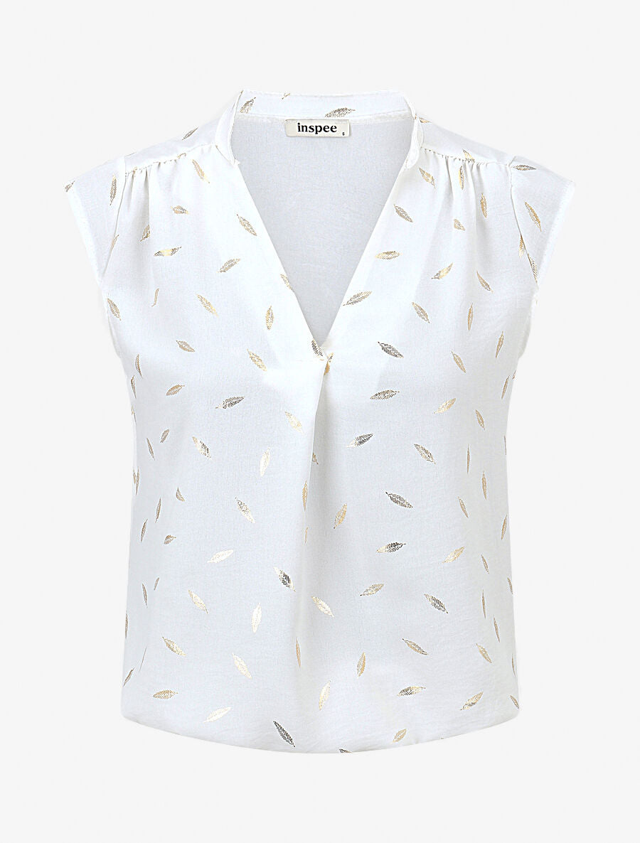 Top sans manches motif plumes dorées - Blanc - 4