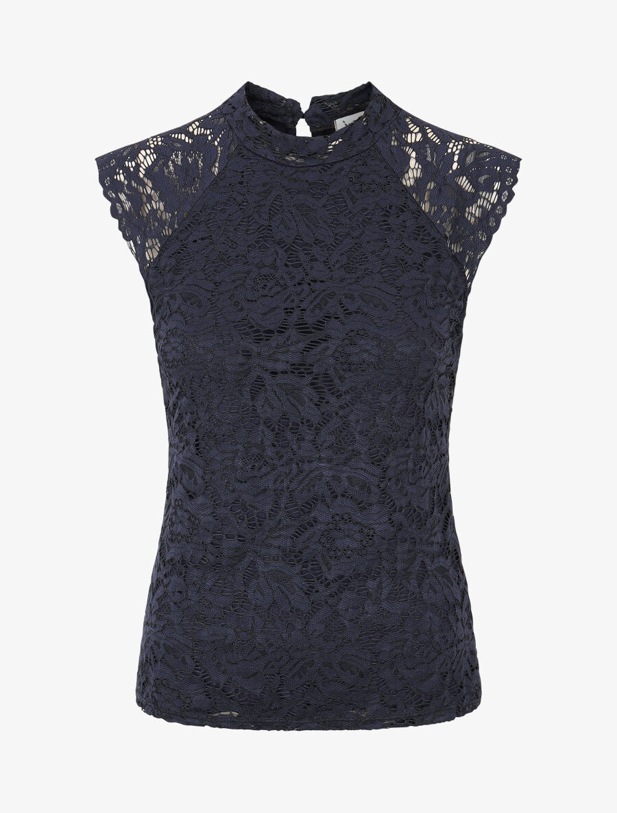 Top ajusté en dentelle col montant - Marine - 1