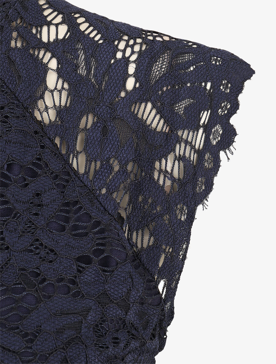 Top ajusté en dentelle col montant - Marine - 3