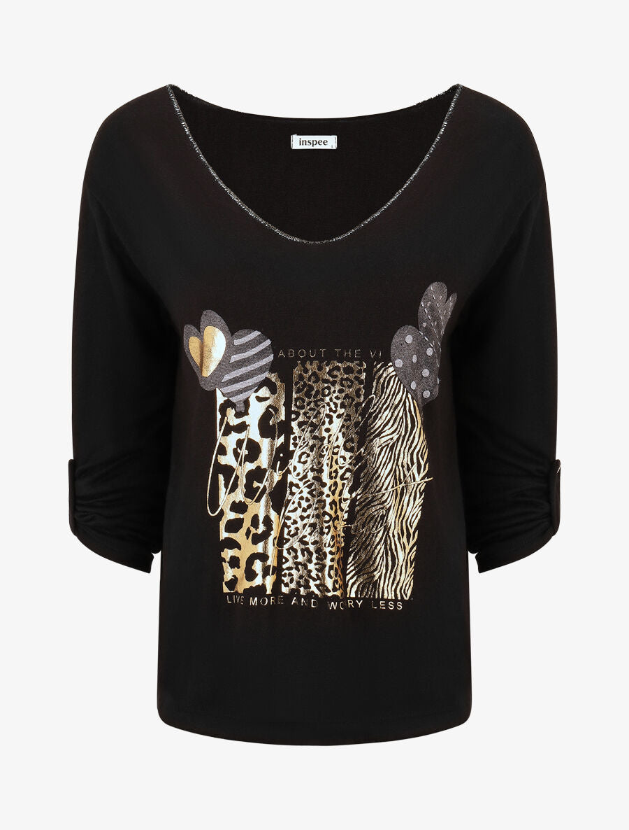 Pull fin à flocage irisé et manches retroussables - Noir - 4