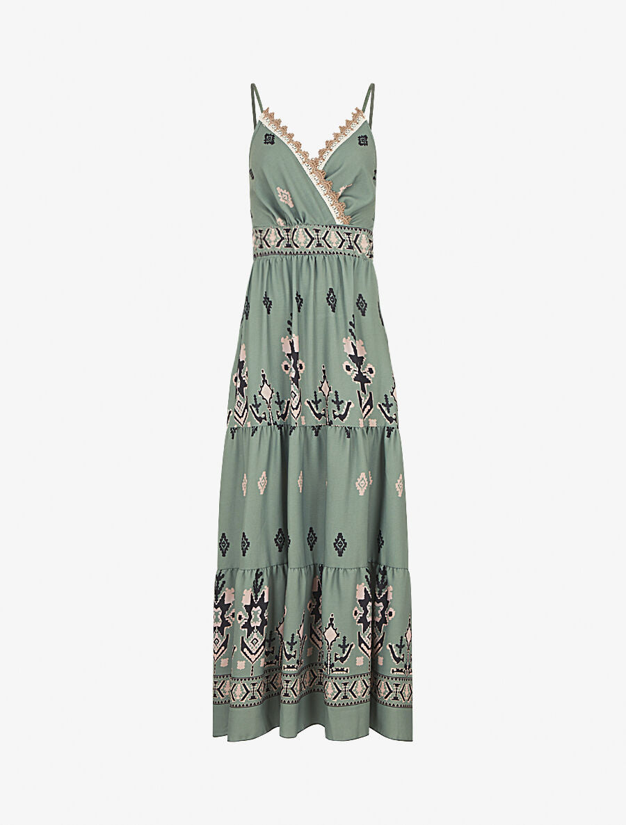 Robe longue à taille élastiquée imprimé ikat - Kaki - 1