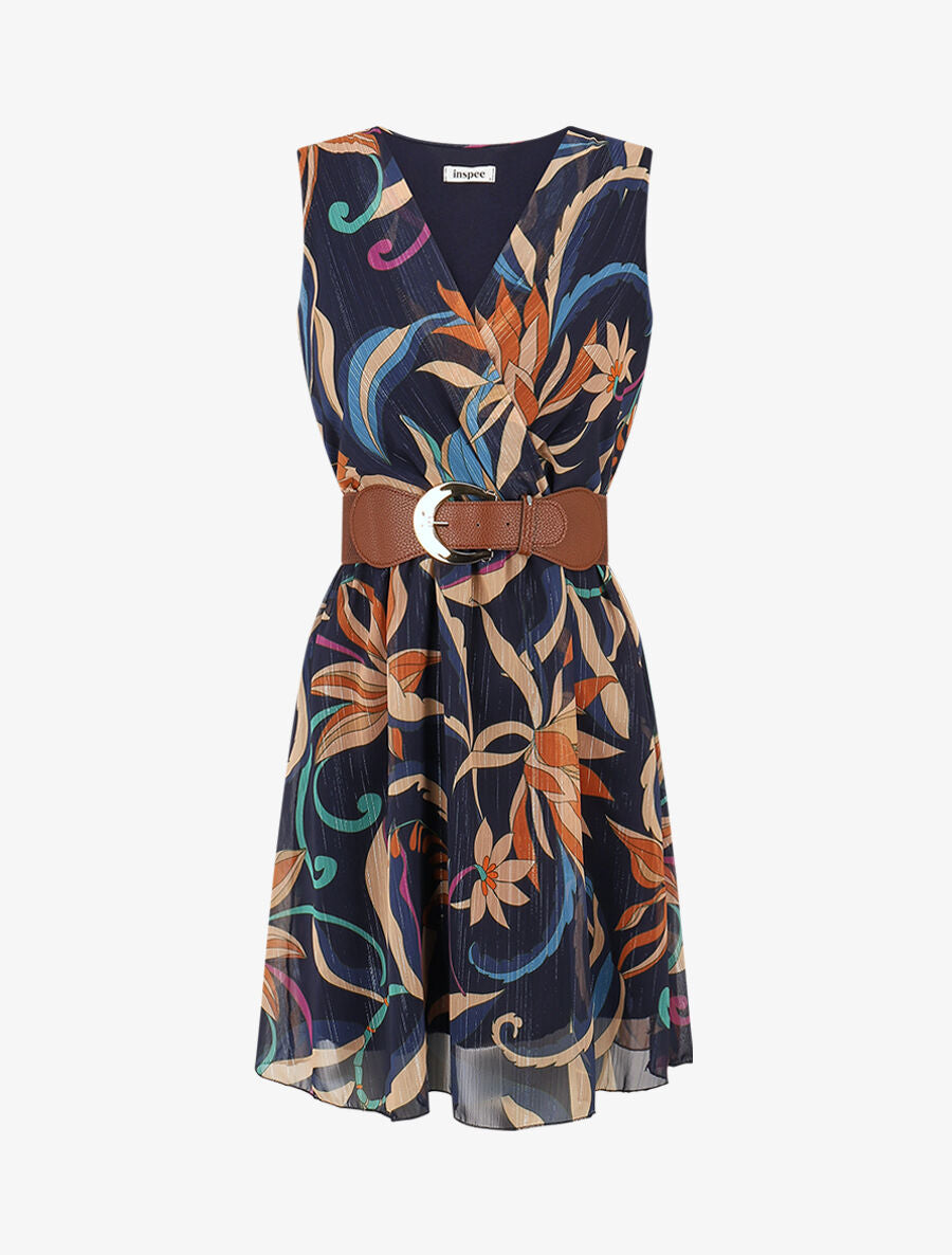 Robe courte sans manches imprimé floral irisé - Bleu lagon Robe courte sans manches imprimé floral irisé - Bleu lagon