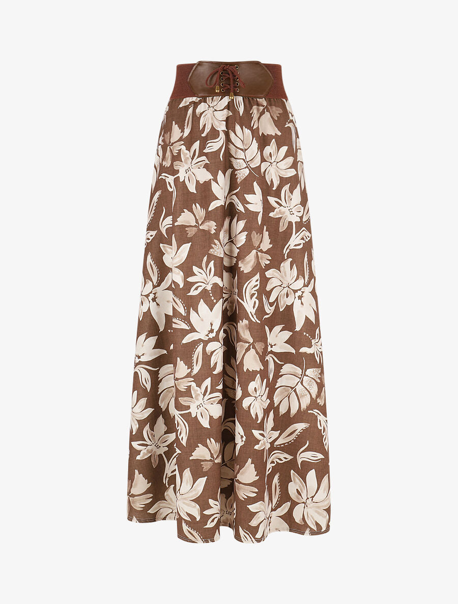 Jupe longue évasée imprimé floral - Marron - 1