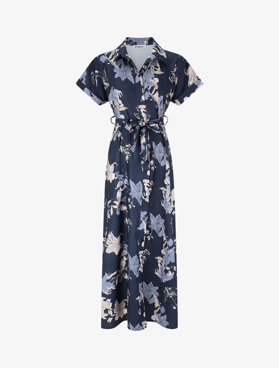 Robe chemise longue imprimé fleuri - Marine - 1