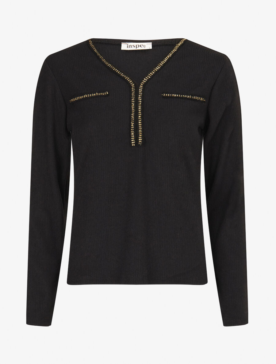 Pull fin côtelé à détails irisés - Noir - 1