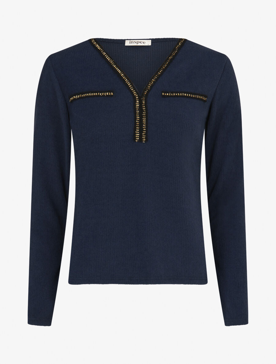 Pull fin côtelé à détails irisés - Marine - 1