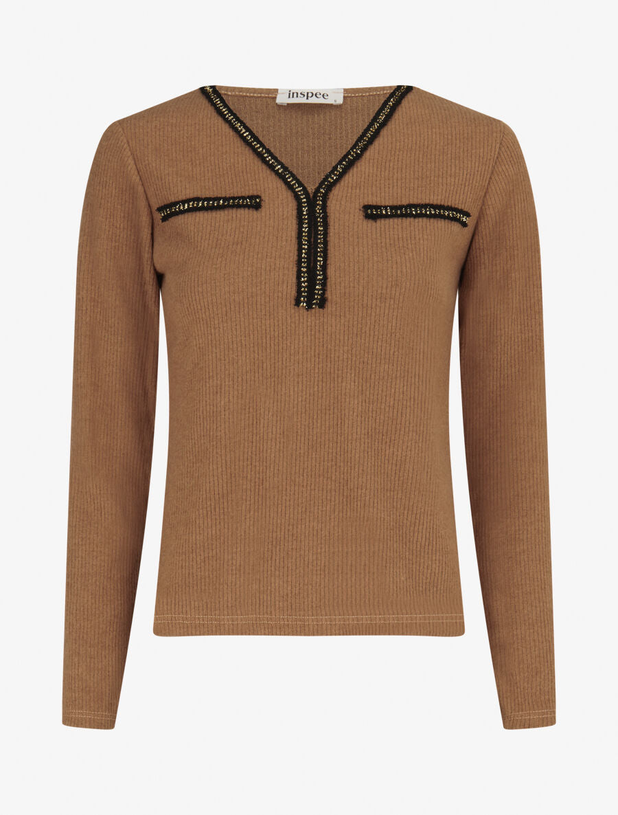 Pull fin côtelé à détails irisés - Camel - 4