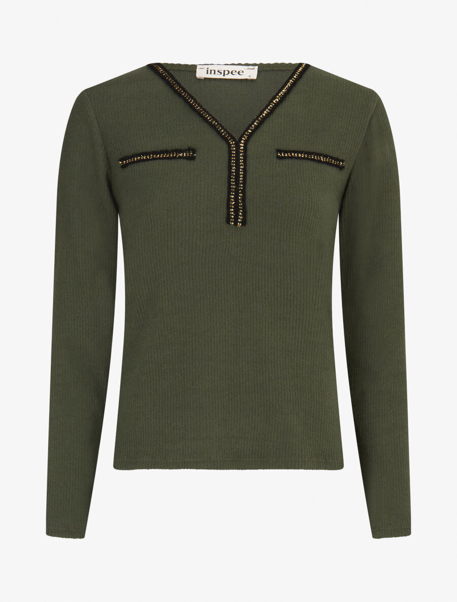 Pull fin côtelé à détails irisés - Kaki - 4