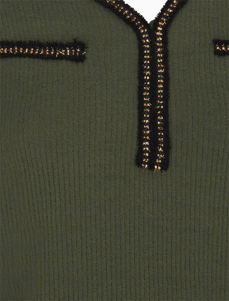 Pull fin côtelé à détails irisés - Kaki - 3