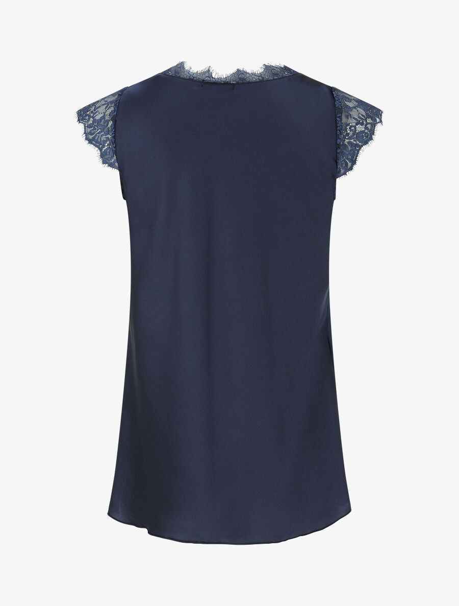 Top satiné à épaules en dentelle - Marine - 2