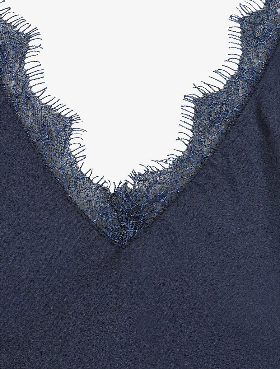 Top satiné à épaules en dentelle - Marine - 3