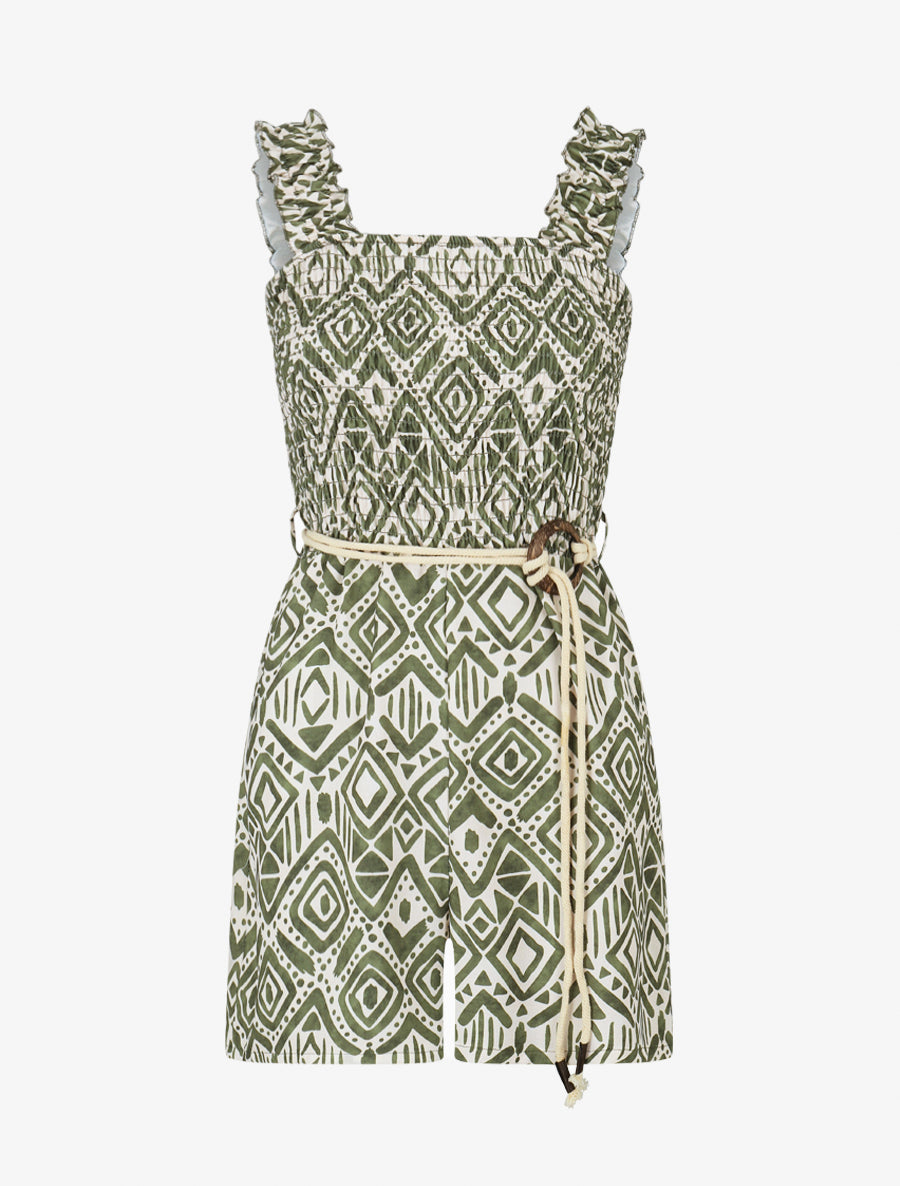 Combishort élastiqué à imprimé éthnique - Kaki - 1