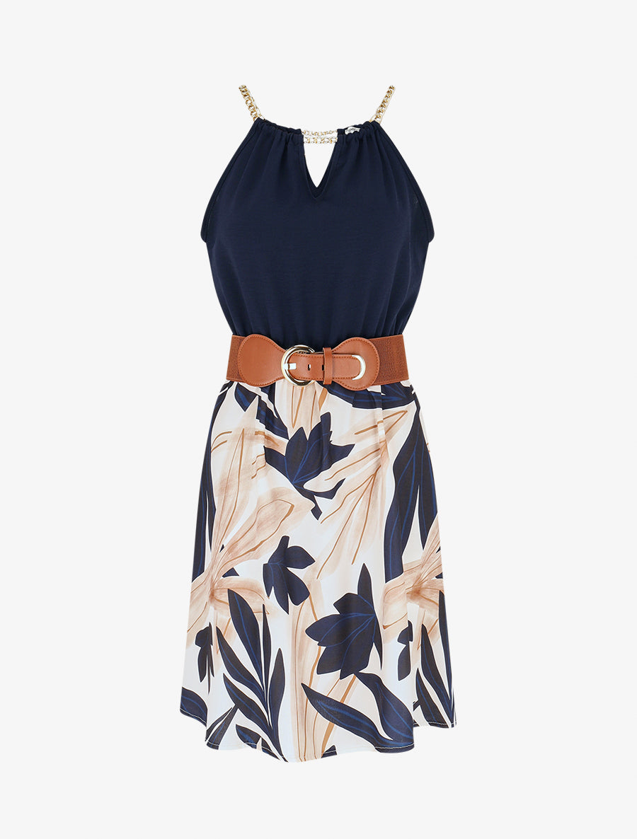 Robe mi-longue imprimé feuillage à bretelles en chaîne Marine