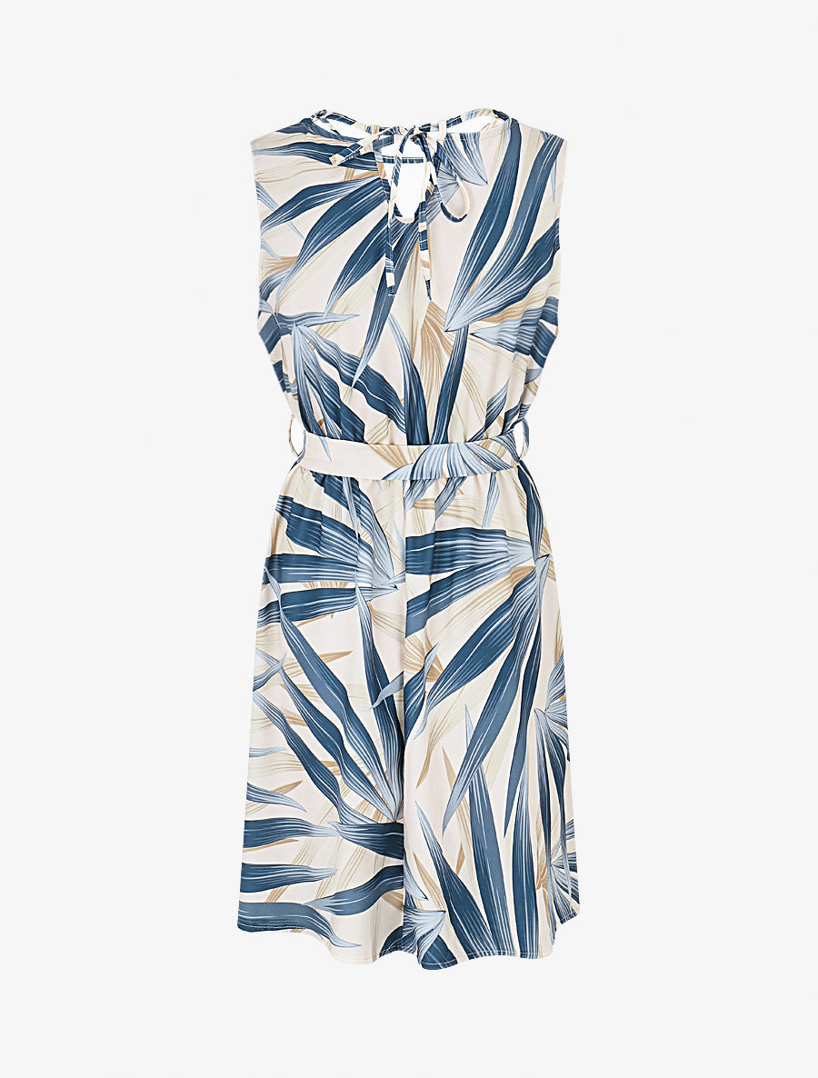 Robe mi-longue à col à perles et imprimé tropical - Marine - 2