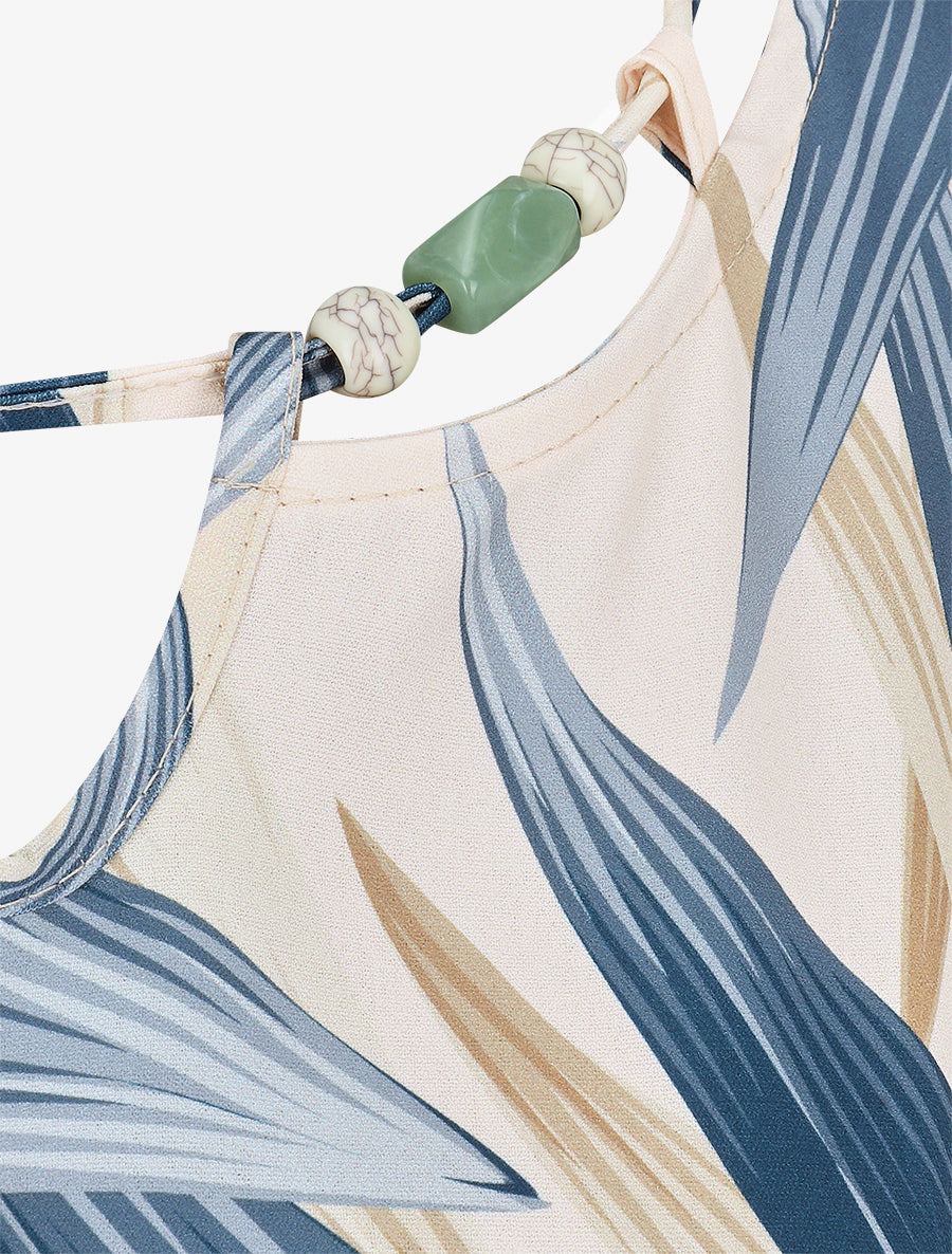 Robe mi-longue à col à perles et imprimé tropical - Marine - 3