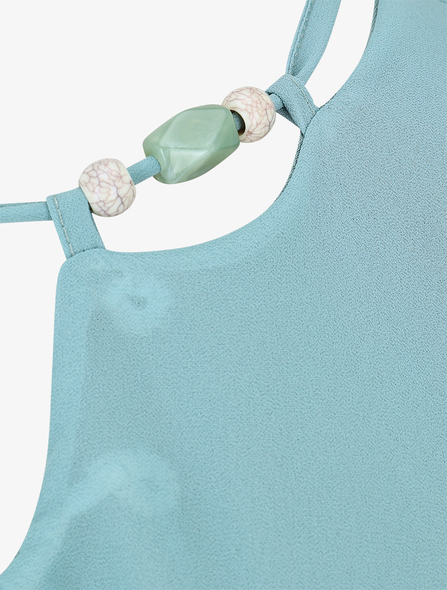 Robe mi-longue unie à col à perles - Turquoise - 3