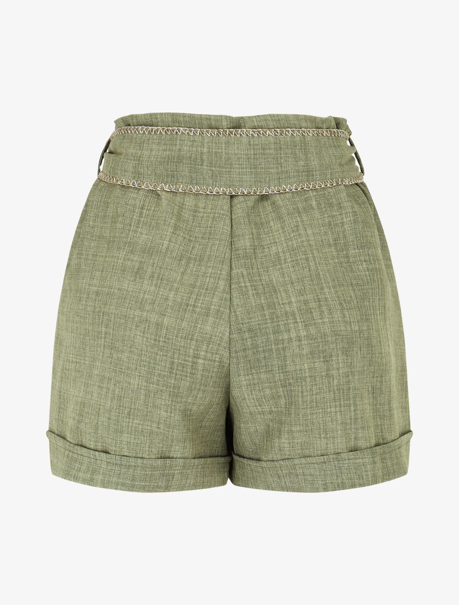 Short taille haute à ceinture fantaisie - Kaki - 2