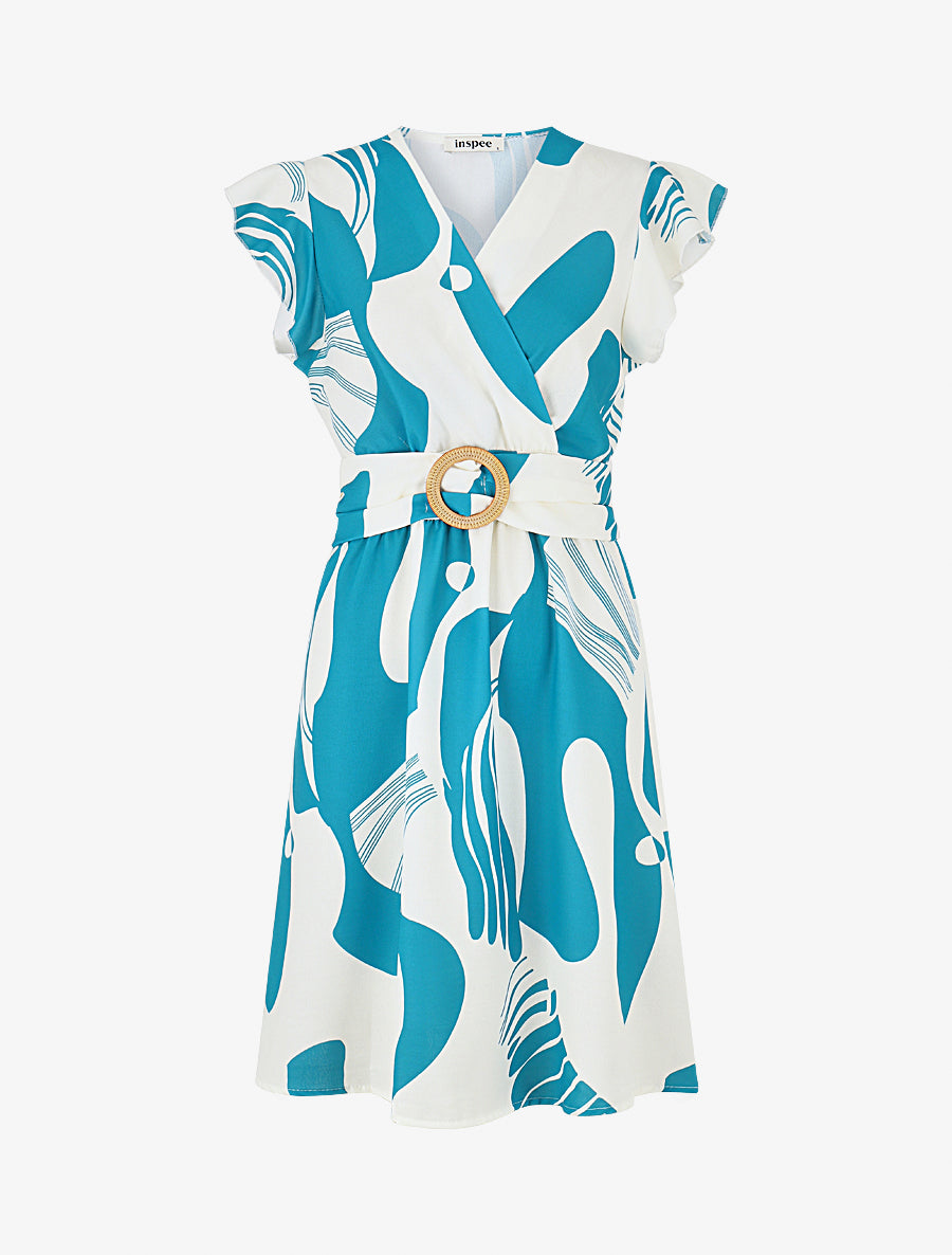 Robe élastiquée à manches volantées - Turquoise - 1