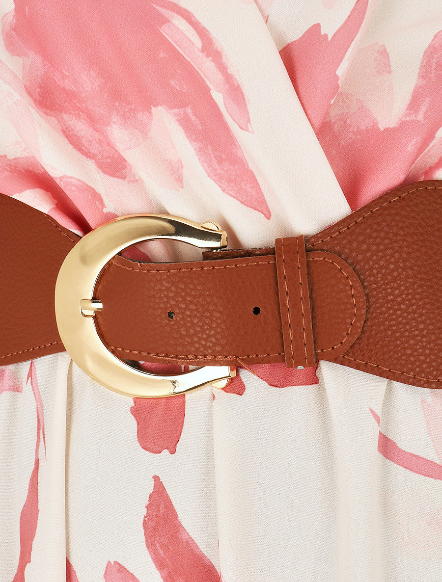 Robe longue élastiquée imprimé abstrait - Rose - 3