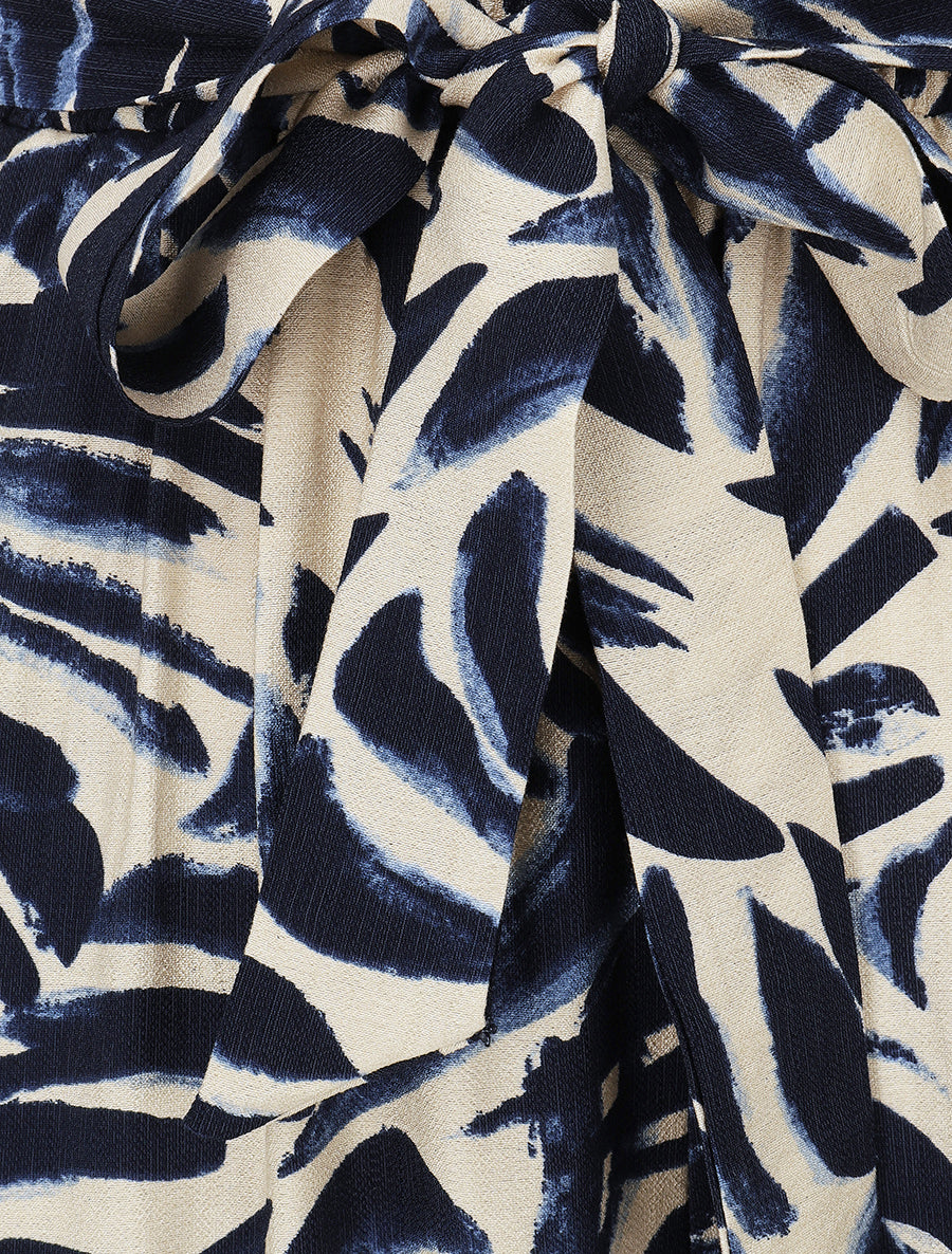 Pantalon imprimé feuilles abstraites à taille haute élastiquée - Marine - 3