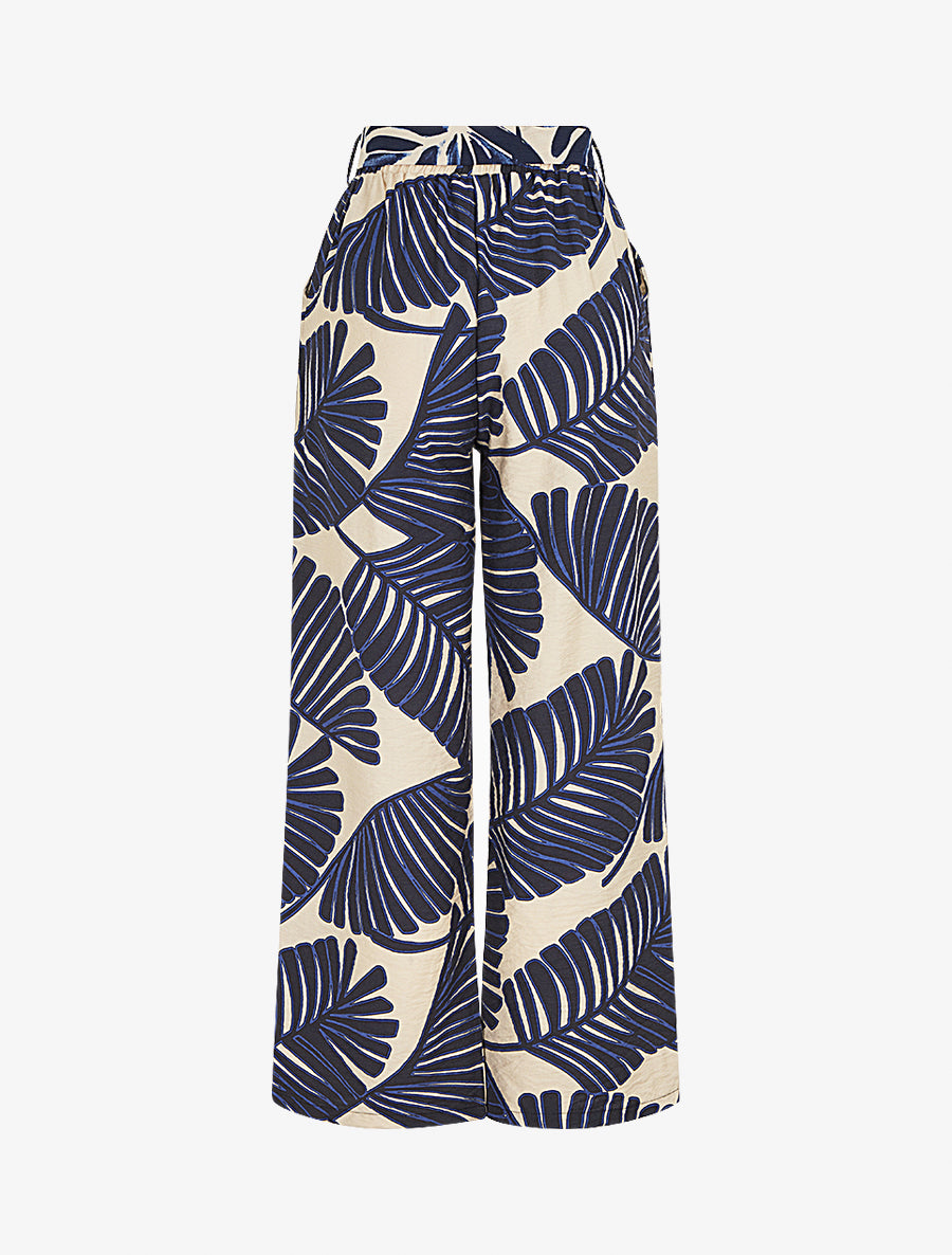 Pantalon imprimé feuillage à taille haute élastiquée - Marine - 2