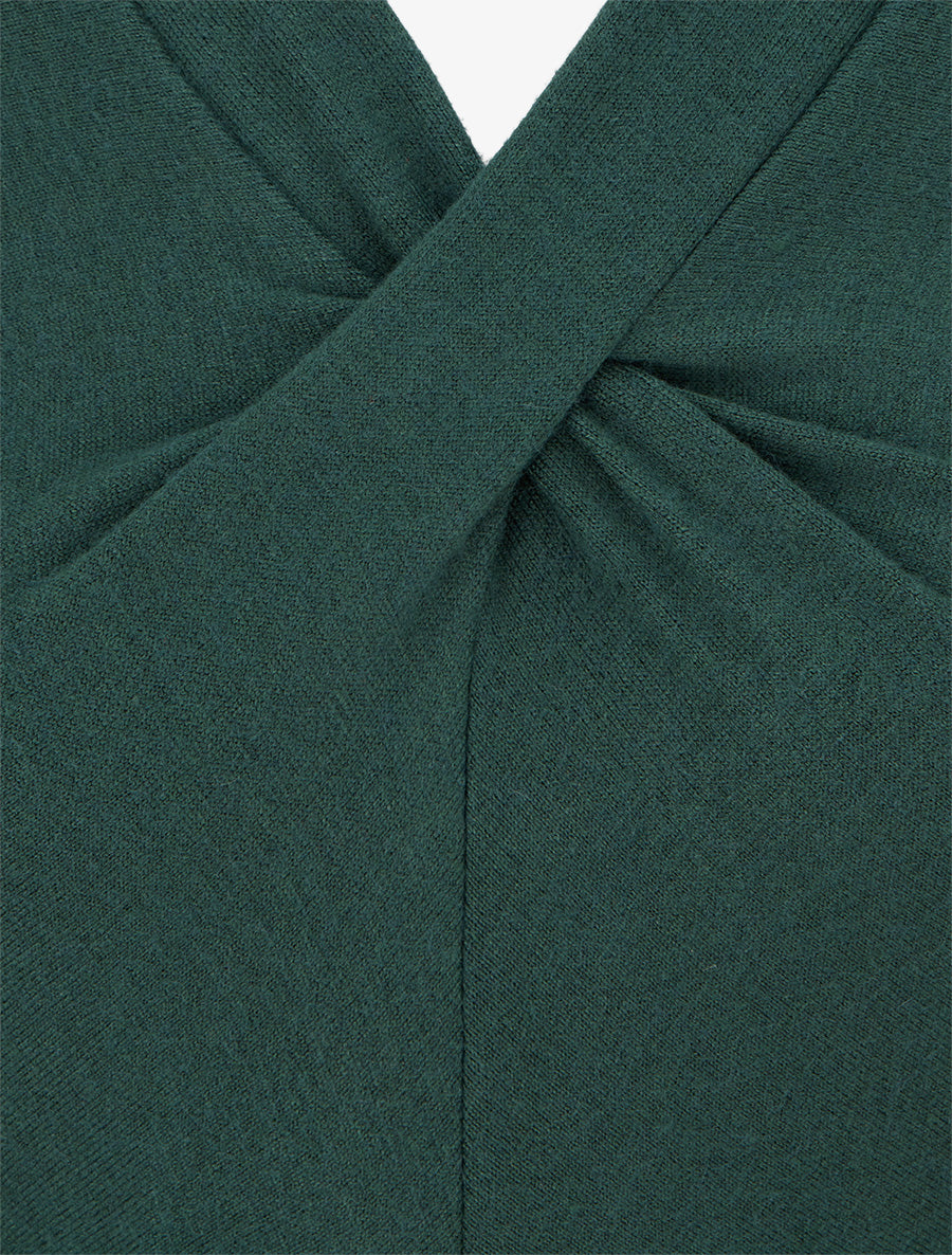 Robe bi-matière à col V froncé - Vert sapin - 3