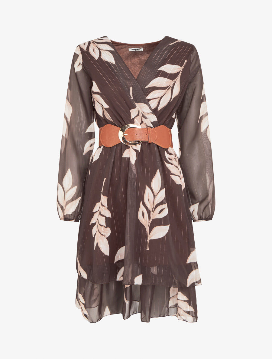 Robe patineuse en voile imprimé feuilles - Marron - 1