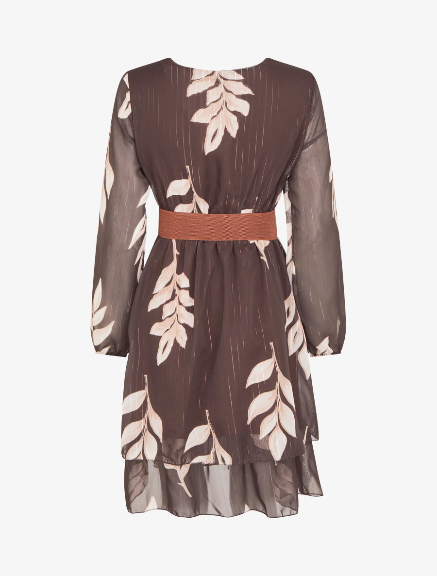 Robe patineuse en voile imprimé feuilles - Marron - 2