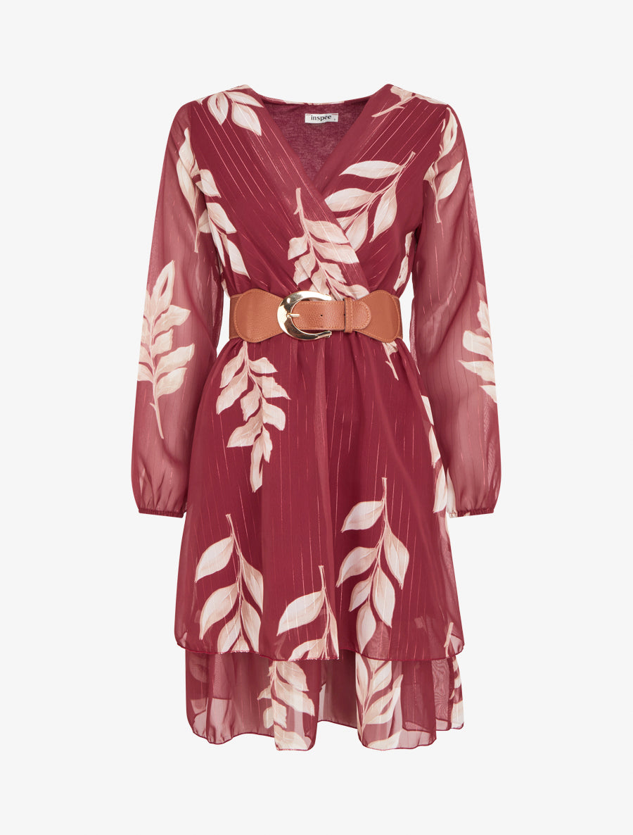 Robe patineuse en voile imprimé feuilles - Bordeaux - 1