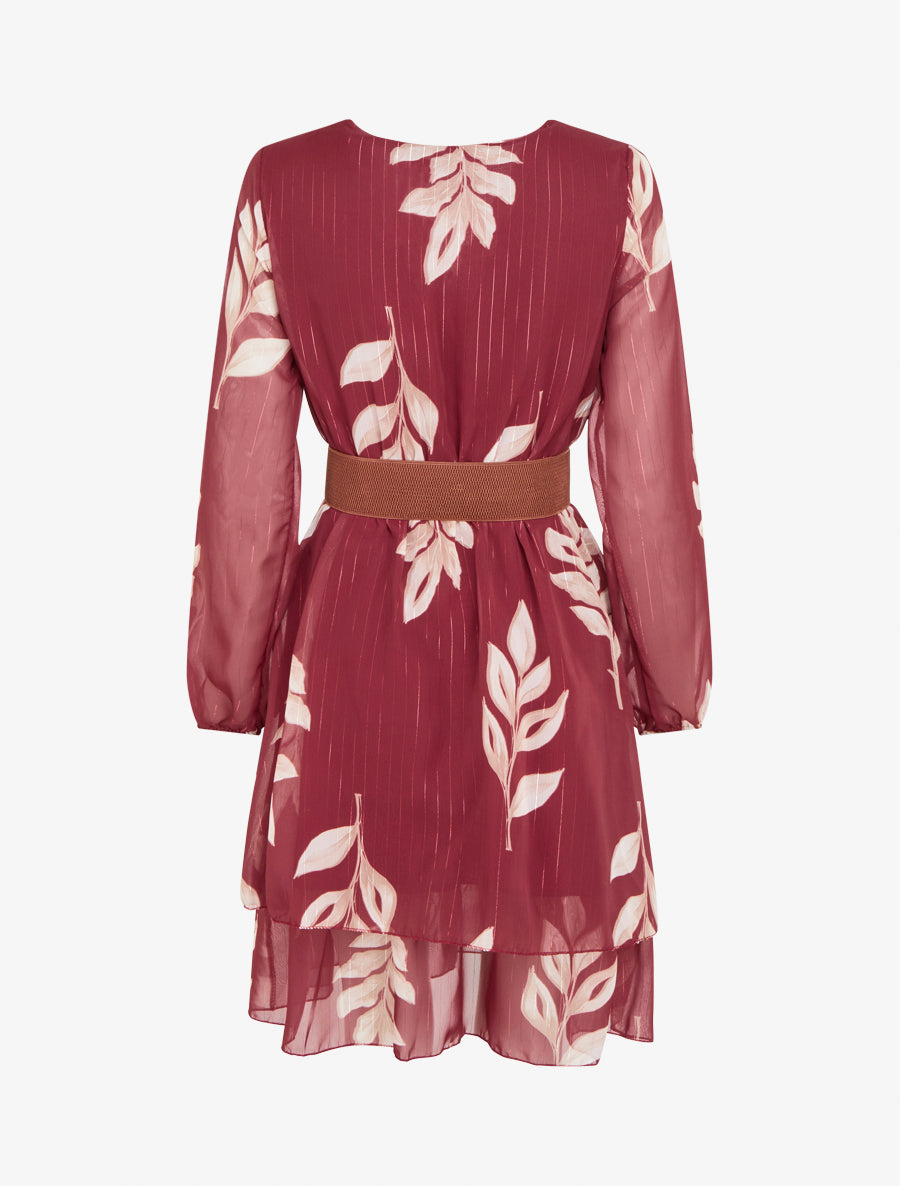 Robe patineuse en voile imprimé feuilles - Bordeaux - 2