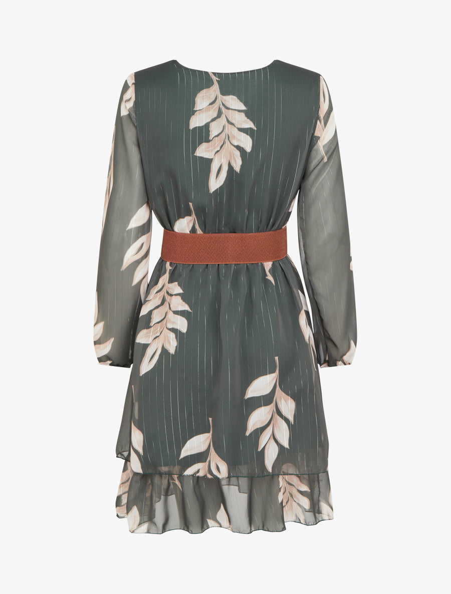 Robe patineuse en voile imprimé feuilles - Kaki - 2