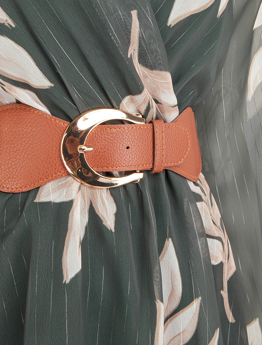 Robe patineuse en voile imprimé feuilles - Kaki - 3