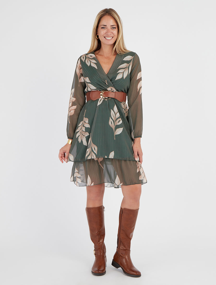 Robe patineuse en voile imprimé feuilles - Kaki - 8