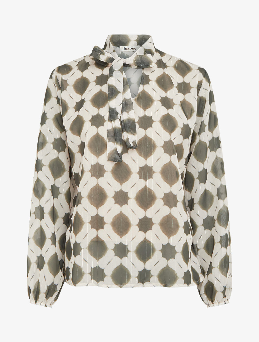 Top lavallière en voile imprimé graphique - Kaki - 1