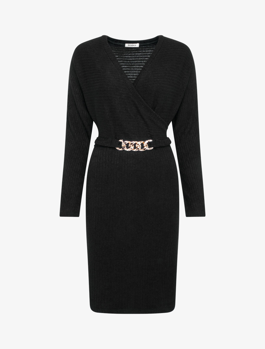 Robe pull moulante à ceinture bijou Noir Inspee