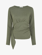 Pull fin uni à cotés froncés et pan décoratif - Kaki - 1